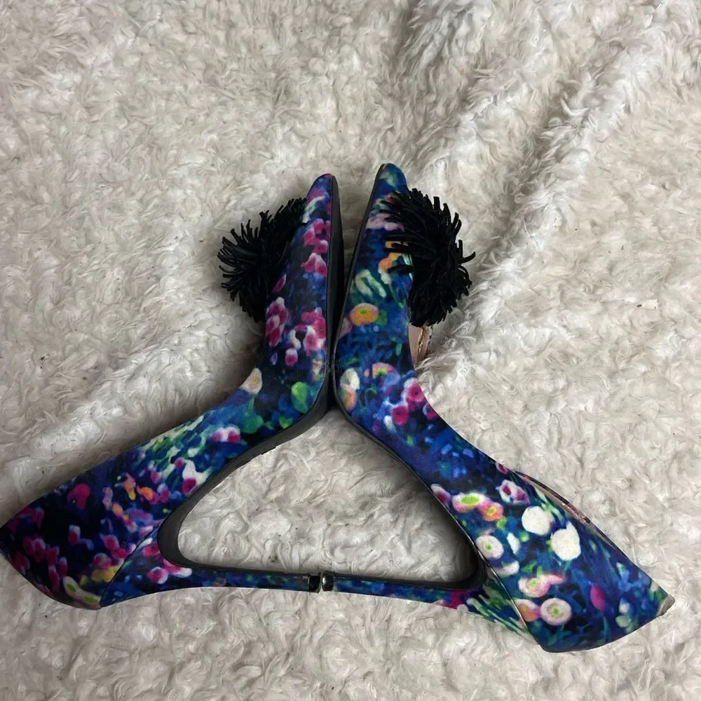 Betsey Johnson Hallye Fabric multi  color slip on heels black pompon accent SZ8